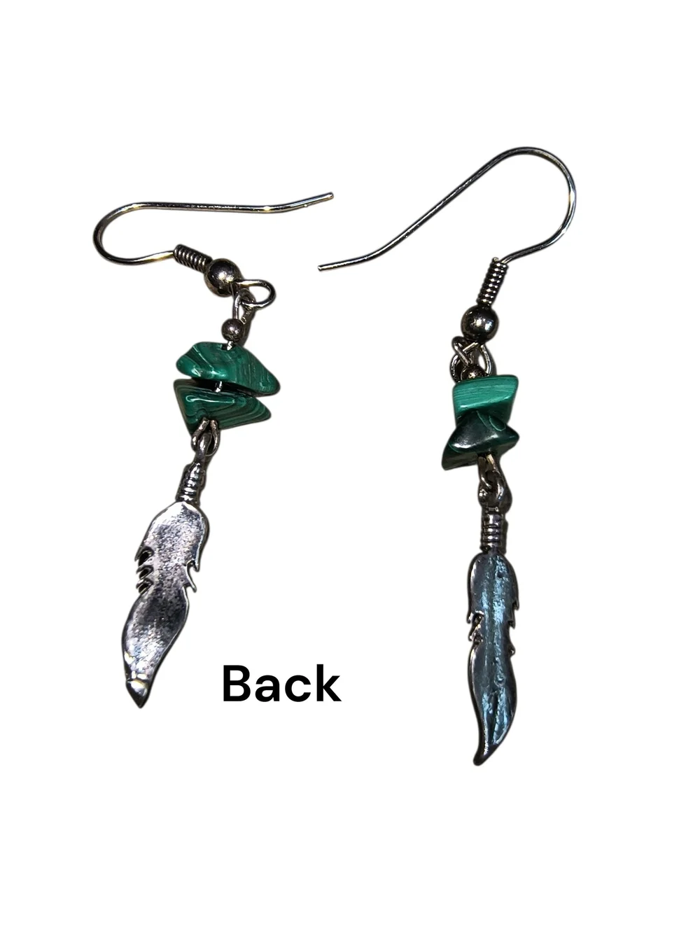 Green Malachite And Sterling Silver Feather Dangle Artisan Earrings